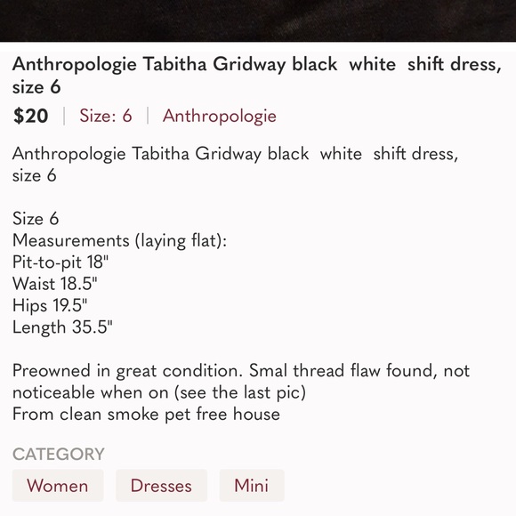 Anthropologie Tabitha Gridway black  white  shift dress, size 6 - Picture 11 of 12